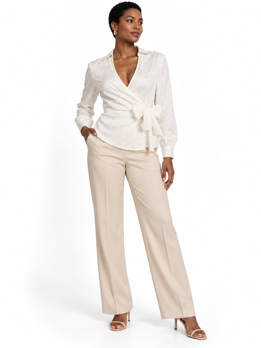 Express Design Studio NEW White Side Tie Quiet Luxury Office Siren Blouse Size M